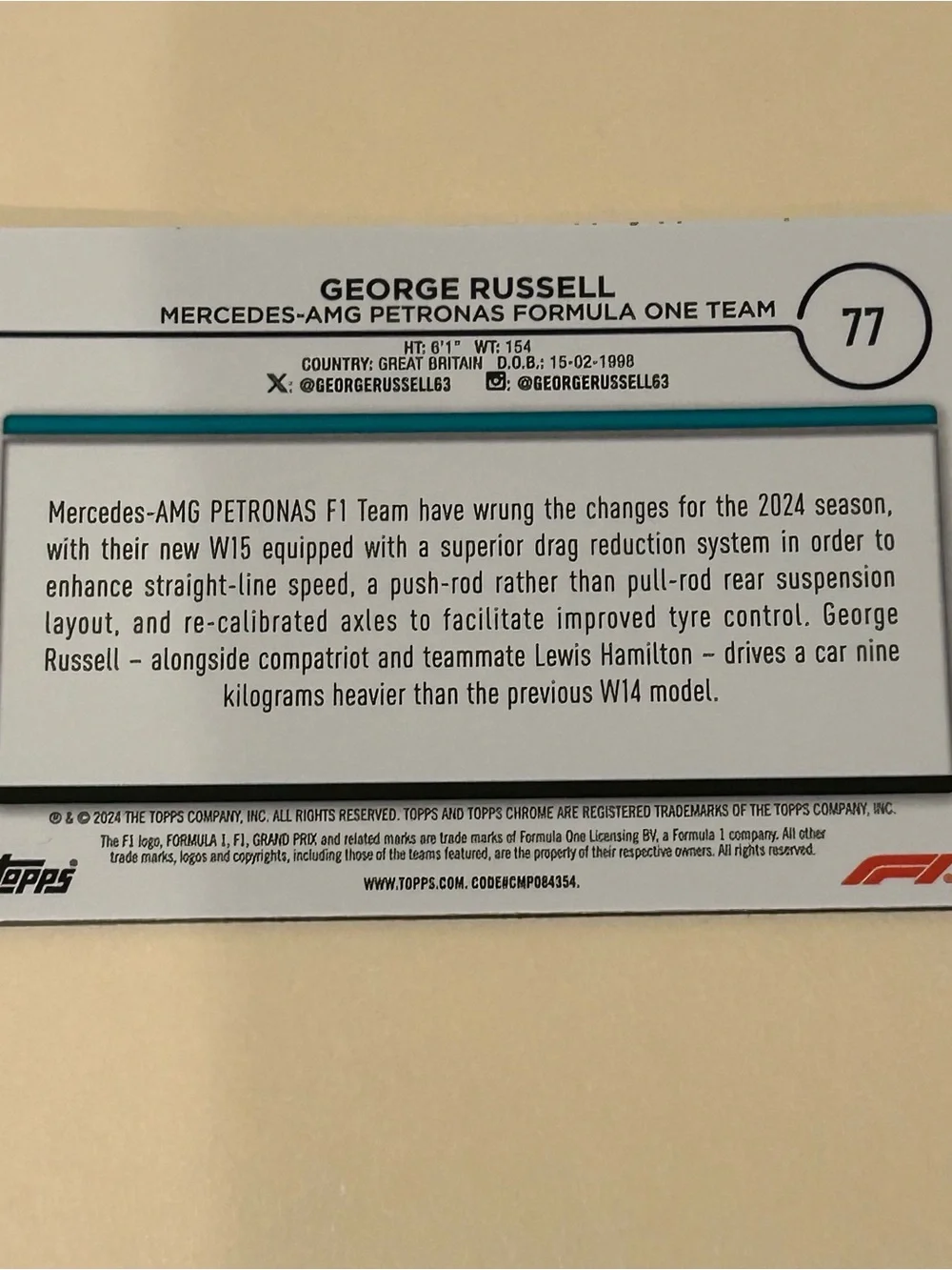 Lewis Hamilton Mercedes Formula 1 Trading Card - Blue & Black